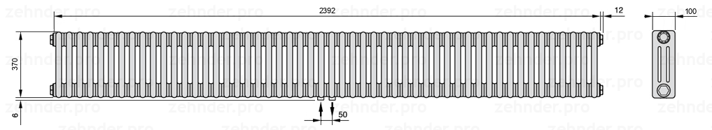 Схема (чертеж) Радиатор Zehnder Charleston 3037/52 №3470 Белый глянцевый RAL 9016
